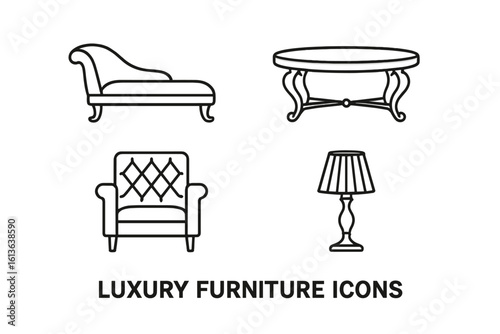Luxury furniture icon set. Classic home decor elements. Vector outline illustration of a chaise lounge, armchair, coffee table, and lamp. Elegant interior design symbols.