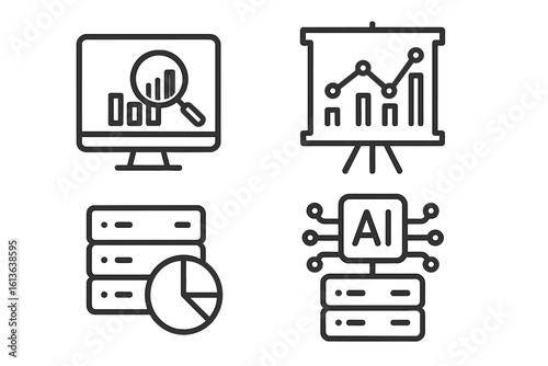 Data analytics line icon set. Business intelligence and big data analysis symbols. Icons for AI, statistics, database, monitoring, processing, and presentation. Web vector.