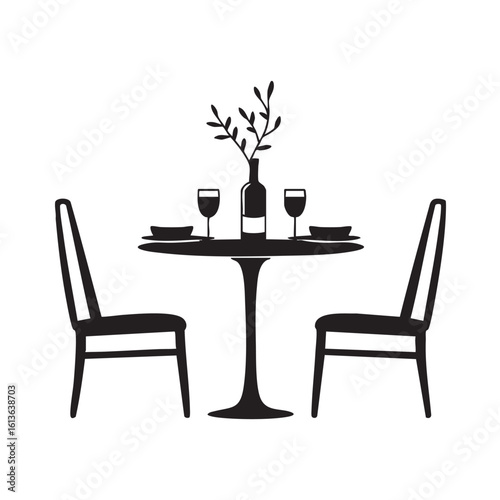 Black and white illustration of a table set for two with wine glasses and a bottle dining chairs
