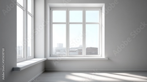 Spacious sunlit room with large windows overlooking cityscape.