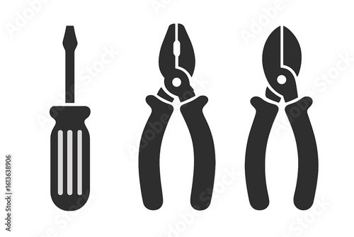 Electrical tools solid icons. Set of glyph vector symbols for electrician service. Includes screwdriver, pliers, wire cutter for repair and maintenance. Isolated equipment.