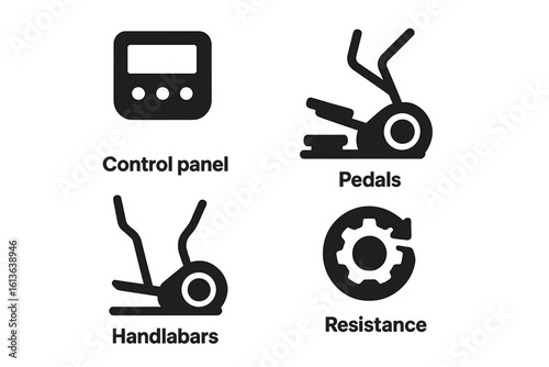 Elliptical machine solid icon set. Cross-trainer equipment glyphs for fitness and gym. Workout features vector pack: control panel, pedals, handlebars, resistance.