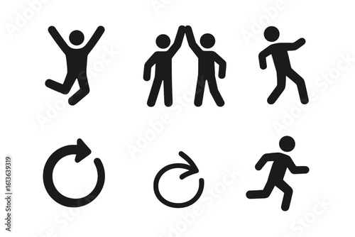 Energetic action icon set. Solid pictogram collection of people in motion. Jumping person, high five for teamwork success, running man, refresh & spin arrow symbols.