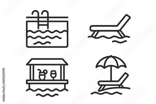 Luxury resort icon set. Paradise vacation symbols. Infinity pool, sun lounger, swim-up bar, beach umbrella. Summer travel and relaxation vector line art illustration.