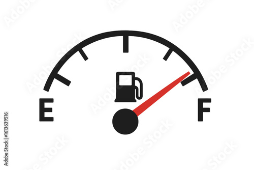 Full fuel tank gauge icon. Car dashboard gas meter with needle on F. Concept of energy, power, petroleum. Vector illustration for transport, oil industry, full level.