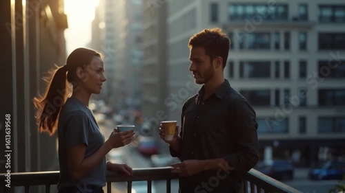 Couple sharing a coffee and conversation on a city balcony at sunrise