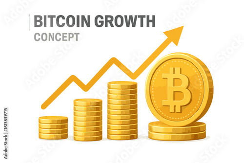 Bitcoin growth concept vector. Golden crypto coins stack with rising arrow graph. Cryptocurrency market success, financial profit, income and BTC investment concept.