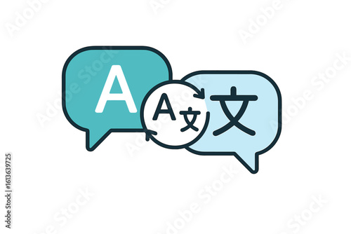 Language translation icon. Chat bubbles for multilingual communication. Online translator app symbol. Concept for dictionary, interpretation service, international business dialogue.