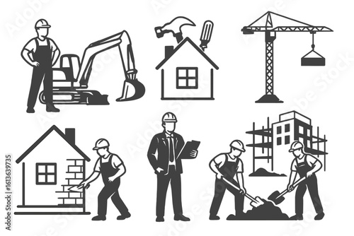 Home repair and construction vector illustration featuring crane, excavator, building tools, contractor, land development, and builders on transparent background for building projects