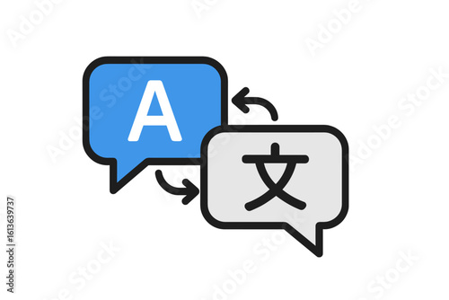 Language translation concept with chat bubbles. Online translator icon, multilingual communication app symbol. Foreign language dictionary, conversation, and speech graphic.