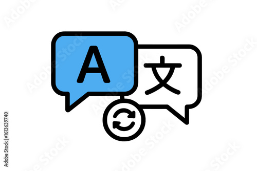 Language translation icon with chat bubbles for multilingual communication. Online translator app symbol for global conversation and foreign language dictionary service. Vector.