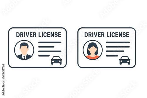 Driver license icon. Man and woman identification card vector. Identity document template. Personal info plastic card. Driving permit. Car driver avatar. Auto vehicle.