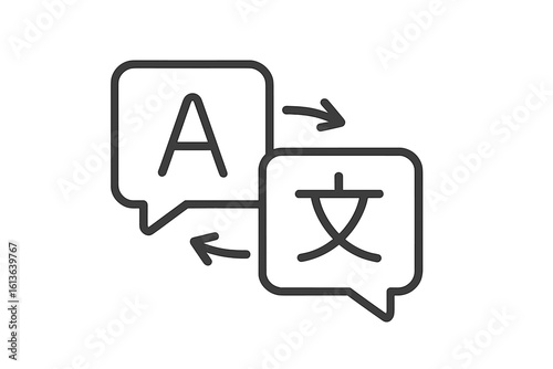 Language translation vector outline icon. Chat bubbles for an online translator, dictionary app, and multilingual communication. Foreign language learning symbol sign.