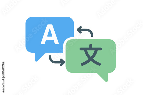 Language translation icon with chat bubbles for an online translator app. Concept for multilingual communication, foreign language dictionary, speech service, and global business.