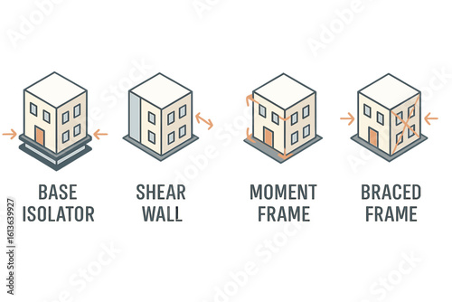 Seismic resistant building structures. Isometric icon set of earthquake engineering design: base isolator, shear wall, moment frame, braced frame. Vector infographic.