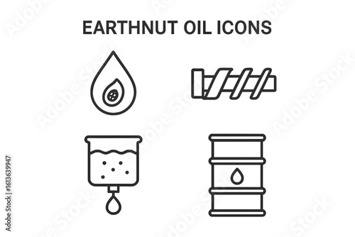 Earthnut oil production line icon set. Peanut oil extraction process outline icons. Includes expeller screw press, filtration, and storage drum. Food industry vector.