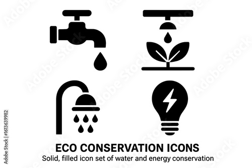 Eco conservation icon set. Solid filled glyphs for water and energy saving. Includes dripping tap, drip irrigation, low-flow shower, and lightbulb for electricity.