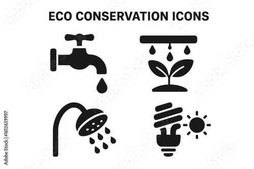 Eco conservation icon set. Water and energy saving symbols for sustainability. Dripping tap, drip irrigation, low-flow shower, and energy-efficient lightbulb vector icons.