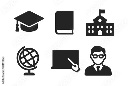 Education solid icon set. School, university, and learning symbols. Vector pictograms of graduation cap, book, teacher, globe, and blackboard for web and apps.