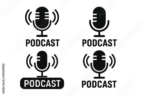 Podcast microphone icon set. Flat vector graphic symbols for radio show, webinar, or audio blog. Webcast and online training concept. Live stream and broadcasting signs.