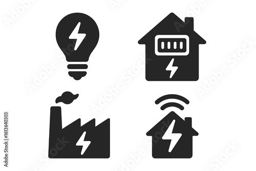Energy icons glyph set. Electricity consumption, power usage concept. Light bulb, factory, smart home battery and wireless connection symbols. Vector illustration isolated.