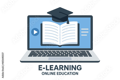 E-learning and online education concept with laptop, open book, and graduation hat. Digital library, web courses, or tutorials for distance learning and getting a degree.