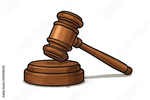 Judge gavel and sound block. Wooden hammer for auction or court verdict. Symbol of law, justice, and authority. Isolated vector illustration for legal or judiciary concepts.