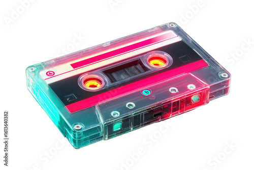 Colorful Retro Cassette Tape on Transparent Background Vibrant Neon Lights