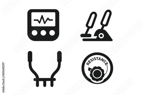 Elliptical machine icon set. Solid glyph icons of gym equipment parts. Cardio workout symbols: control panel, heart rate monitor, pedals, handlebars, resistance dial.