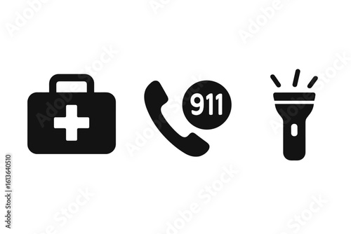 Vector icon set for emergency preparedness. Includes first aid kit, 911 phone call, flashlight. Solid glyph symbols for disaster, survival, safety, and medical help.