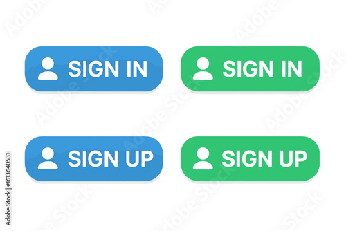 Sign in and sign up buttons set for web and mobile app user interface. Login and registration icon collection in flat design. Vector illustration for UI UX elements.