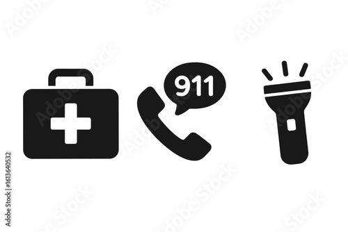 Emergency preparedness icon set. Solid glyph icons of first aid kit, 911 emergency call, and flashlight. Survival and safety symbols. Vector illustration for disaster relief.