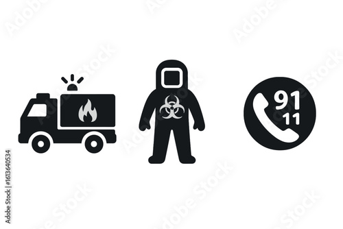 Emergency response icon set. Vector graphics of chemical hazard response, fire truck, and 911 call. Solid black pictograms for hazmat team, safety, and protection.