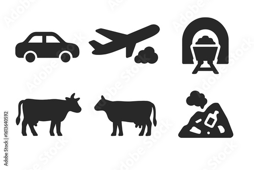 Emission sources icon set. Solid glyph pictograms of pollution. Vehicle exhaust, airplane, coal mine, livestock, landfill. Greenhouse gas & CO2 footprint concept.