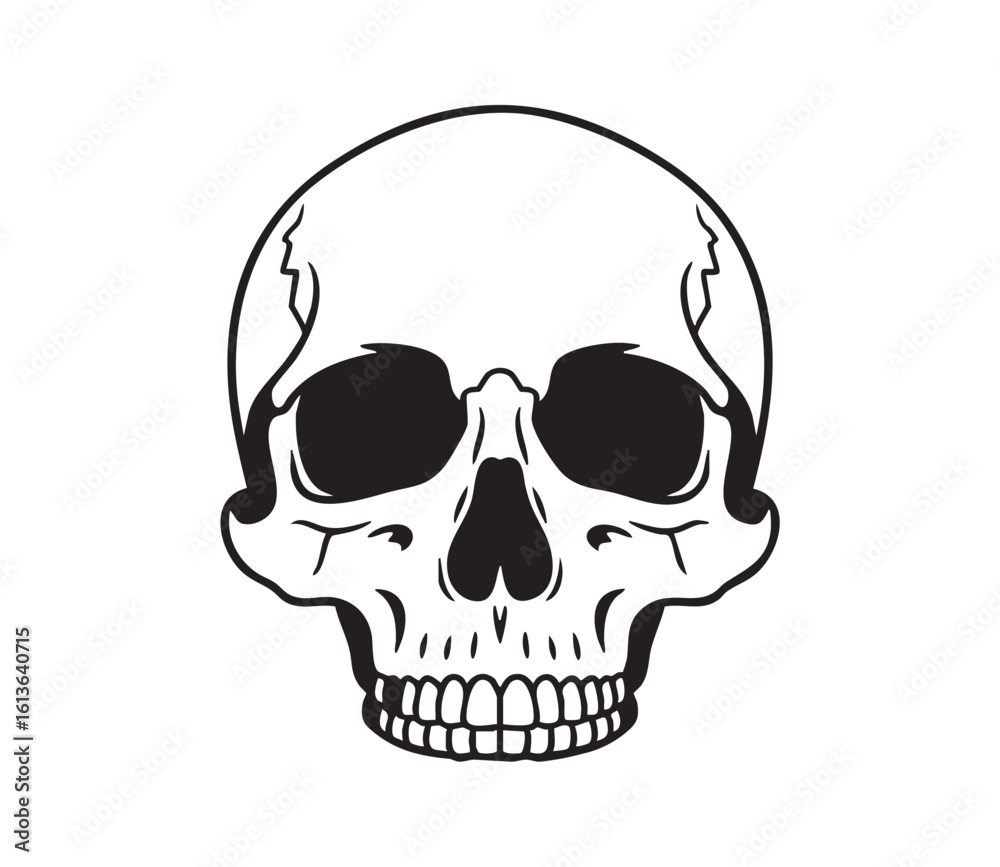 Fototapeta premium Black and white minimalist illustration of a human skull with empty eye sockets vector
