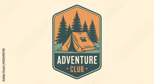 Adventure Club Emblem Tent nestled among Pine Trees in a Shield Design.