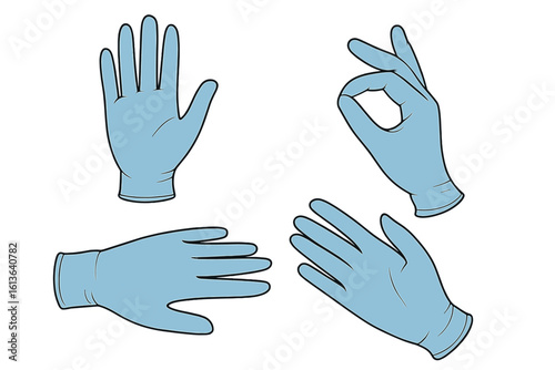 Hands in medical gloves vector set. Collection of hand gestures in blue nitrile or latex gloves. Doctor, nurse, or surgeon hands showing stop and ok signs. Hygiene concept.