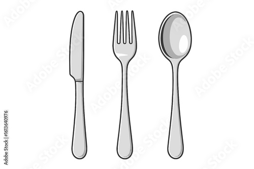 Cutlery set with knife, fork, and spoon. Silverware flatware icon for dining, restaurant, or kitchen. Vector illustration isolated on white background. Meal time concept.