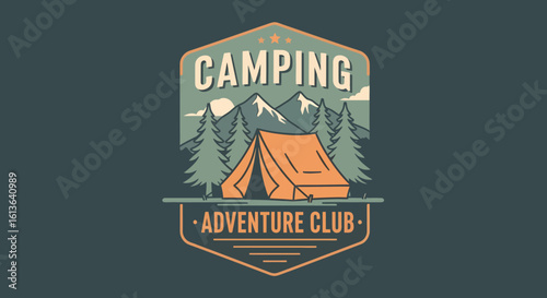 Camping Adventure Club Emblem with Tent Mountains and Evergreen Trees.