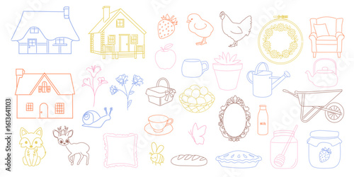 Hand drawn cottage core illustrations. Cute countryside aesthetic doodle icons. Vector line art.