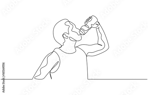 Continuous one line drawing of Man drink energy water from bottle vector illustration. Editable outline