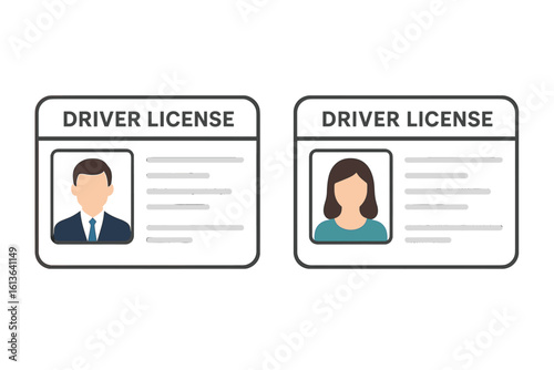 Driver License Identification Card Icon Set. Male and Female Person Profile ID Card Template. Flat Vector Illustration of Identification Badge on Transparent Background. Official Document Design