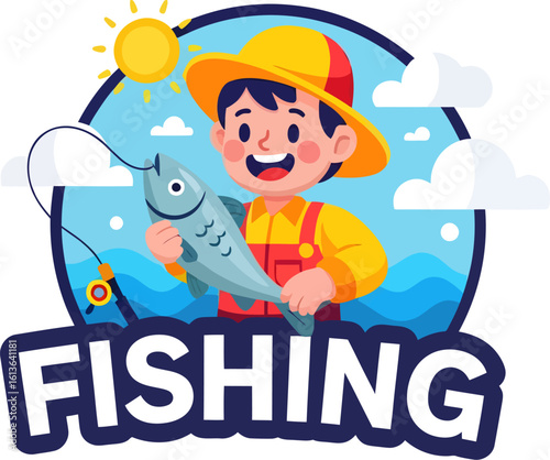 Cartoon Boy with Yellow Hat Holding a Fish Fishing Adventure Illustration.