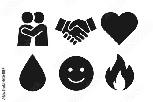 Emotional connection solid icon set. Vector glyph symbols for empathy, love, support, friendship. Includes hug, handshake, heart, passion fire, smile, and tear drop icons.