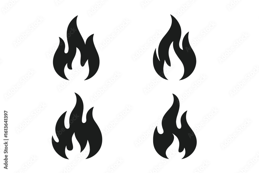 Set of 4 black fire flame vector icons. Simple flat burning fire silhouette collection. Hot energy symbol for graphic design. Blaze pictogram illustration isolated.