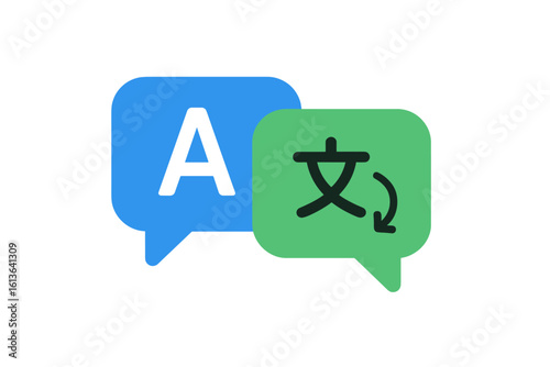 Language translation vector concept with chat bubbles. Multilingual communication icon for online translator app. Foreign speech, dictionary, and international e-learning logo.
