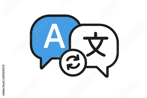 Chat bubbles with language translation icons, online multilingual translator app icon, digital communication, instant language conversion, global conversation, translation technology vector