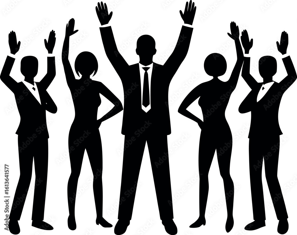 Fototapeta premium Vector art of a silhouette of a business team celebrating success isolated on white background, symbolizing teamwork and achievement