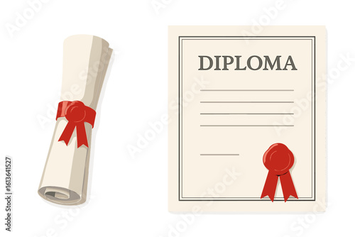 Rolled and unrolled diploma paper scroll with official stamp, certificate of university, college, or school graduation, academic degree, alumni success, and course completion document vector