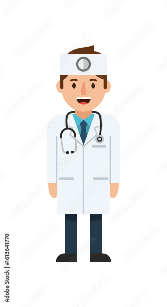 Cartoon Doctor with Stethoscope and Head Mirror Smiling with Blue Tie. Cartoon Doctor with Stethoscope and Head Mirror Smiling with Blue Tie.